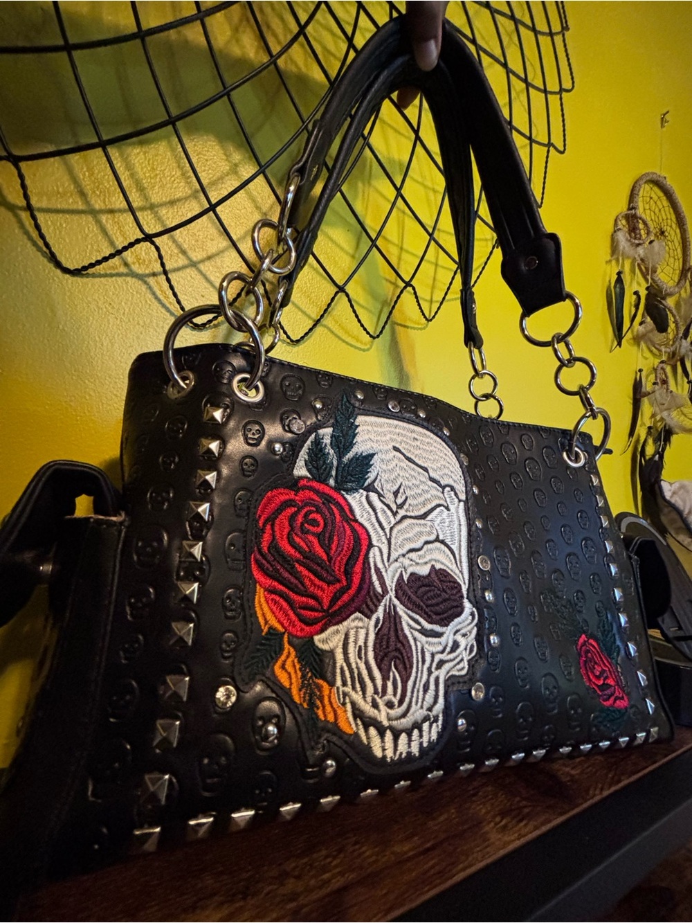 Black Embroidered Skull & Rose Baddie Purse
